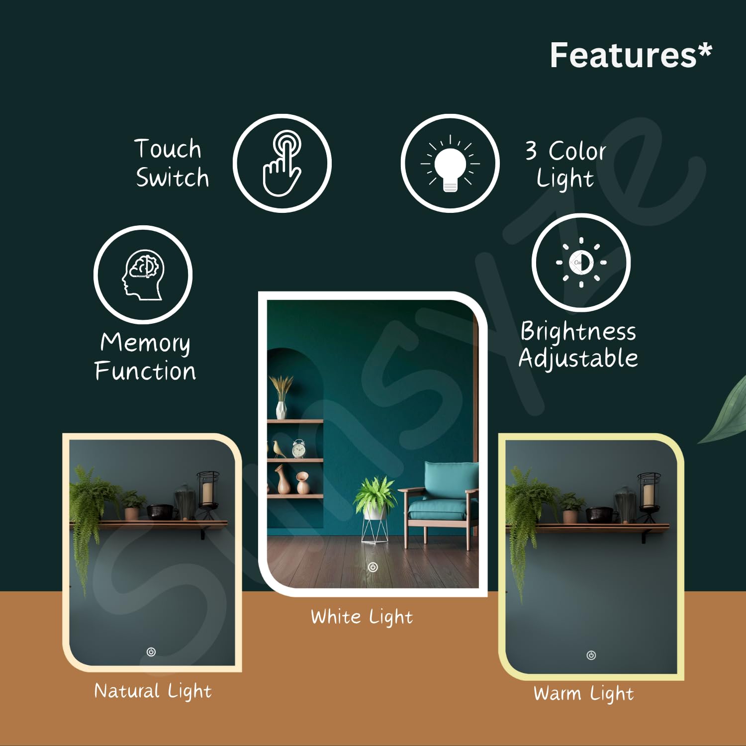 Sunsyze Modern Led Mirror for Bathroom & Bedroom, Styles Mirror with Light - Image 5